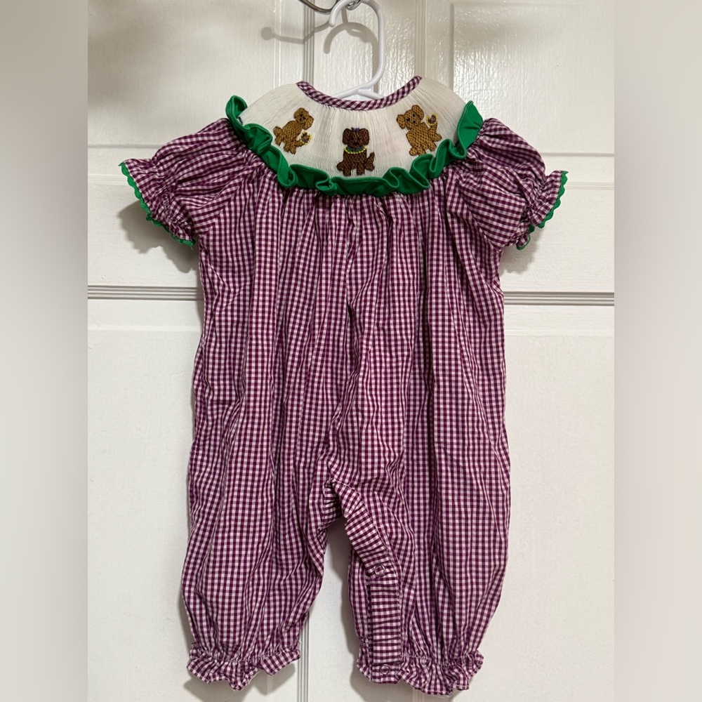 Girls Smocked Mardi Gras One Piece Romper Outfit 6 Month Dogs Louisiana Purple